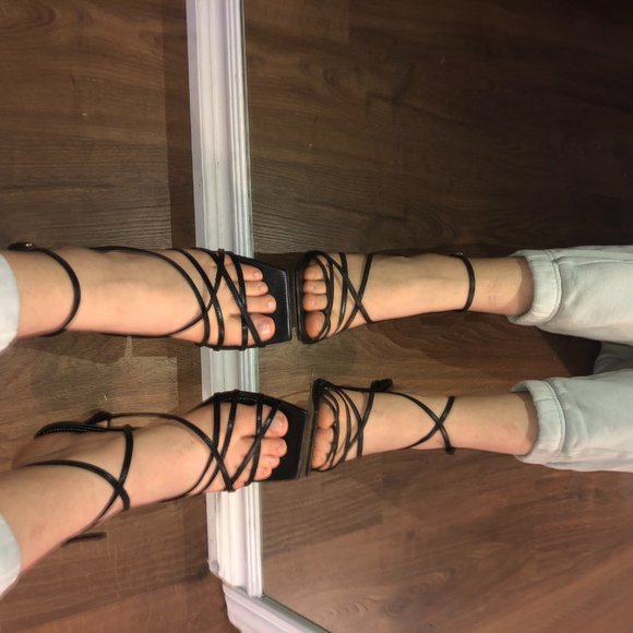 ZARA SQUARE TOE BLACK STRAPPY SANDAL HEEL SIZE US - Picture 3 of 12